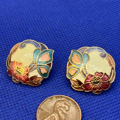 LOVELY CLOISONNE FLORAL EARRINGS PAIR