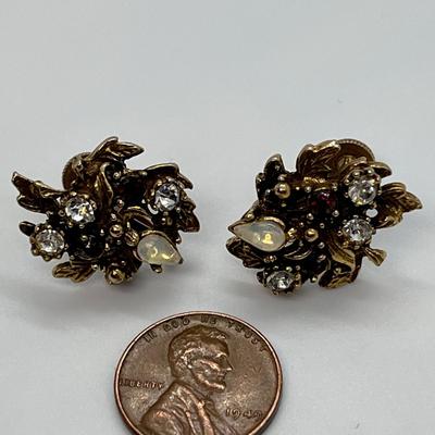 VINTAGE AGED BRASS OPALESCENT LOOK EARRINGS