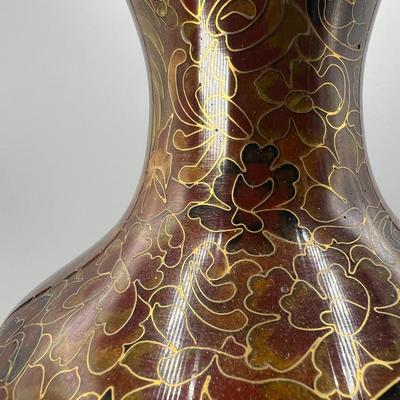 Vintage Beijing Cloisonne Ware Copper Body Oriental Flower Design on Wooden Pedestal