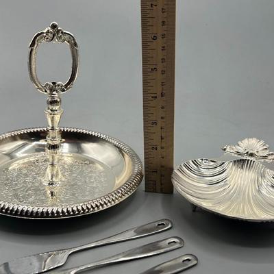 Lot of Serving Dishes Brass Shell Reproduction Design Sheffield England RF Inc. & Handled Dish with Stainless Utensils