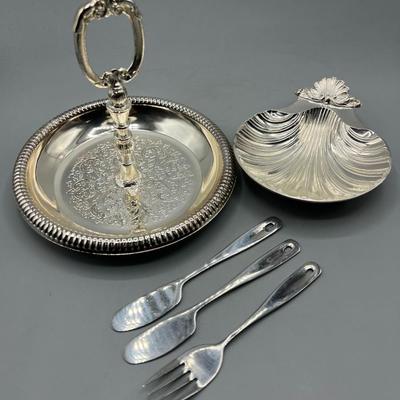 Lot of Serving Dishes Brass Shell Reproduction Design Sheffield England RF Inc. & Handled Dish with Stainless Utensils