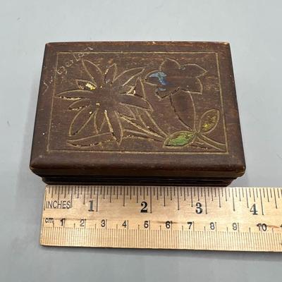 Small Vintage Etched Flower Design Wooden Jewelry Box