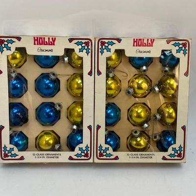 Vintage Holly Mixed Lot of Blue & Gold Glass Christmas Holiday Tree Ornaments