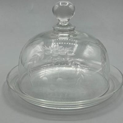 Retro Clear Glass Flower Motif Dome Cover Butter Cheese Dish