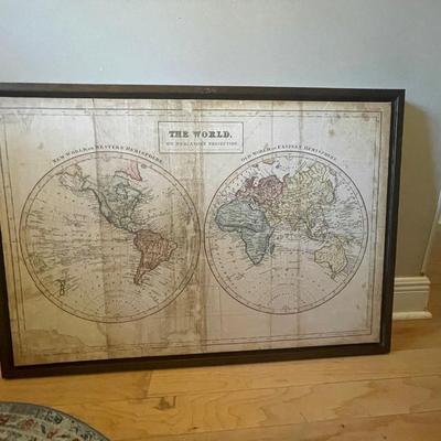 Beautiful  large World Map On Canvas With Brown Wooden Frame. 38” X 27”.