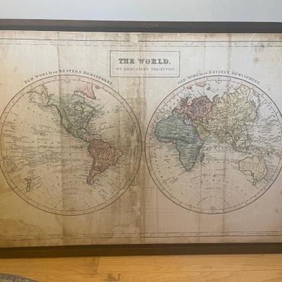 Beautiful  large World Map On Canvas With Brown Wooden Frame. 38â€ X 27â€.