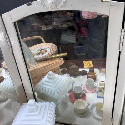 White Shabby Chic heavy 1940s folding vanity mirror Milk glass and collectibles