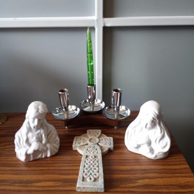 RELIGIOUS FIGURINES-CROSS AND CHROME CANDLE HOLDER