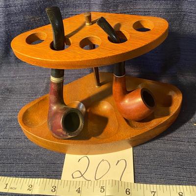 Vintage 1960s Wood Pipe Holder & Pipes