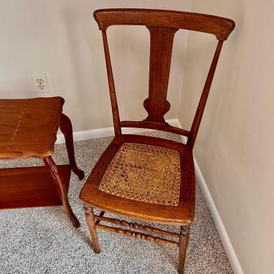 Antique Wooden Cane Seat Chair & Inlayed Queen Anne Side Table