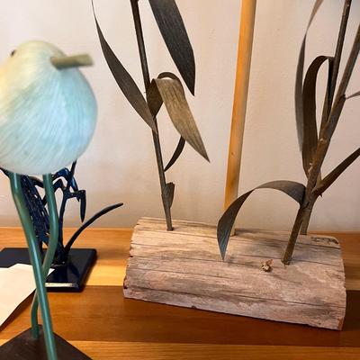 Lot 4 Carved Wooden and Metal Bird Sculptures Heron