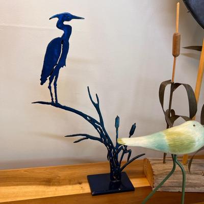 Lot 4 Carved Wooden and Metal Bird Sculptures Heron
