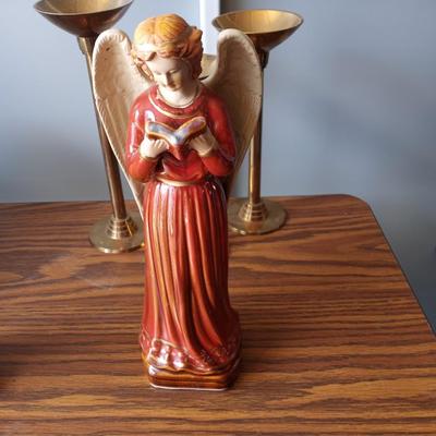 ANGEL FIGURINES AND BRASS CANDLE HOLDERS