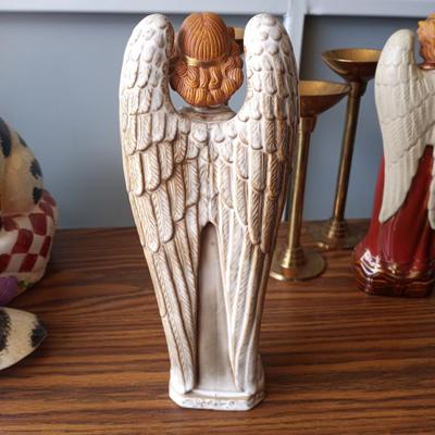 ANGEL FIGURINES AND BRASS CANDLE HOLDERS