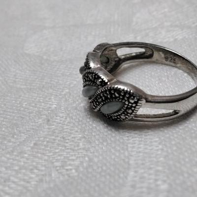 Vintage Jade And Marcasite 925 Ring Size 8