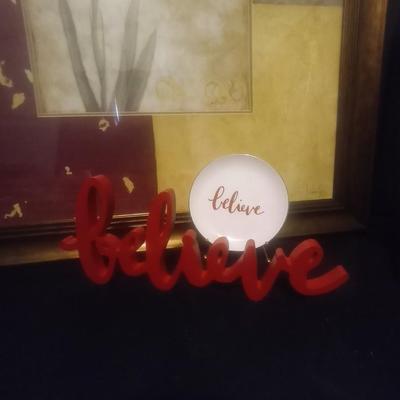 LARGE FRAMED 3D ROSE PHOTO WITH "BELIEVE" SIGN AND PLATE
