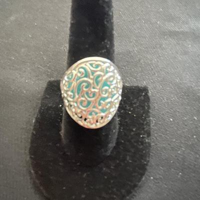 BEAUTIFUL STERLING FILIGREE SCROLL DOME TURQUOISE ENAMEL RING