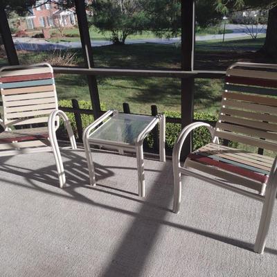 Three Piece Patio Set includes Two Swivel Chairs and Square Table