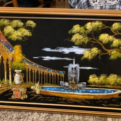 Vintage MCM Mid Century Modern Ashbrook Velvet Lighted Painting Landscape Signed