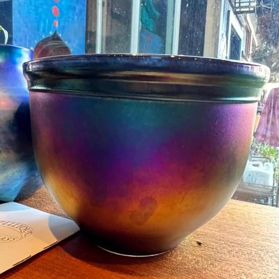 Zellique Studio Art Glass Signed Bowl Vase Iridescent Rare SET of 2 LOT
