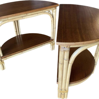 Paul Frankl Restored 1950â€™s "Half-Round" Side Rattan Mahogany TopÂ Coffee Table Pair