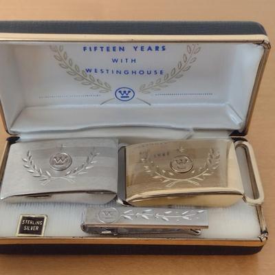 Westinghouse Service Awards Belt Buckles and Tie Clip One Sterling Silver and One Gold Filled
