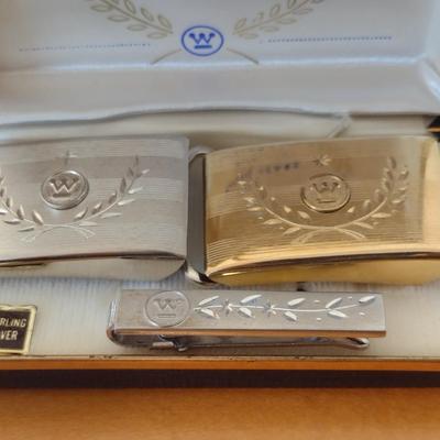 Westinghouse Service Awards Belt Buckles and Tie Clip One Sterling Silver and One Gold Filled