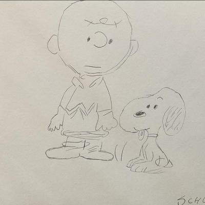 Snoopy Charlie Brown, Peanuts Comic Character Small Drawing Signed Original , Signed Schulz