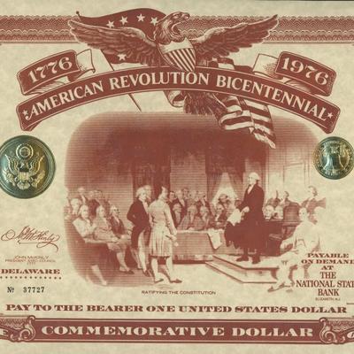 American Revolution Bicentennial Commemorative One Dollar Certificate - Delaware