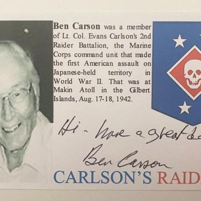 WWII Carlson's Raiders Ben Carson Signed Commemorative Card