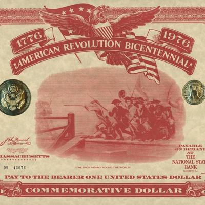 American Revolution Bicentennial Commemorative One Dollar Certificate, Massachusetts