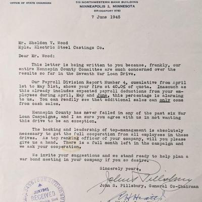 Minnesota Treasury Department John Sargent Pillsbury & A. H. Hiatt, Jr. signed letter