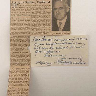 1946 Lt. Col. William R. Hodgson signed note with newspaper clipping