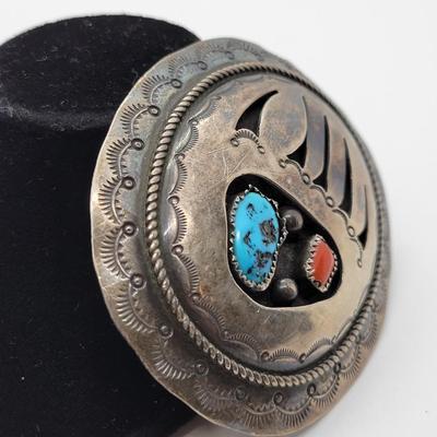 LOT12: Vintage Sterling Silver Navajo Bear Claw Belt Buckle with Turquoise & Coral signed W.M. - Silversmith Wilbur Musket