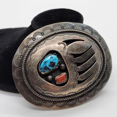 LOT12: Vintage Sterling Silver Navajo Bear Claw Belt Buckle with Turquoise & Coral signed W.M. - Silversmith Wilbur Musket