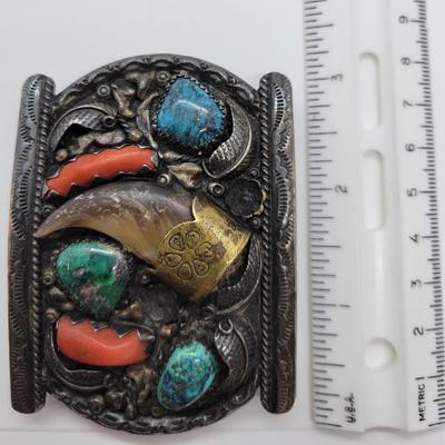 LOT19:FINE CRAFTSMANSHIP Old Pawn Navajo Belt Buckle with Bear Claw, Turquoise and Coral (100g total weight)