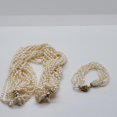 LOT53: Gold Overlay 10 strand Fresh Water Pearl Necklace with matching 6 strand bracelet