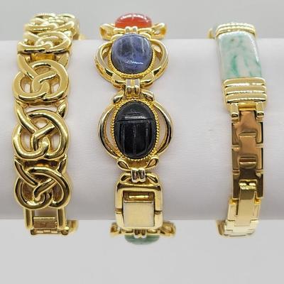 LOT82: Three Watches- Scarab Natural Gemstone band, Jadeite band mother of pearl face and goldtone Amitron with Malachite face