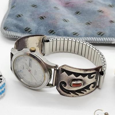 LOT83: Watch with Sterling Benson Watch Band, extra  Southwestern band , Silver Native American Single Earring with coral and turquoise...