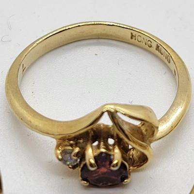 LOT97: Vintage goldtone faux garnet heart set - brooch, size 7 ring, pierced earrings