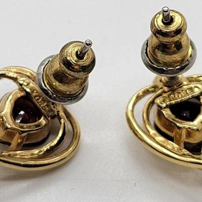 LOT97: Vintage goldtone faux garnet heart set - brooch, size 7 ring, pierced earrings