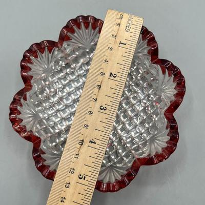 EAPG Pineapple & Fan Sweet Meat Dish Vintage Ruby Red Scalloped Edge Pressed Glass Crystal Dish