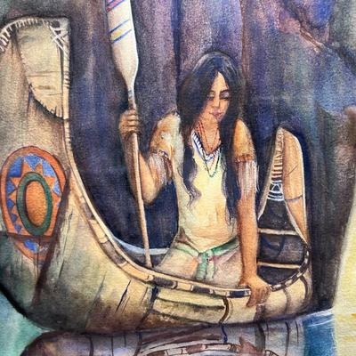Framed Watercolor Native American Indian Maiden After NC Wyeth In the Crystal Depths with Original Receipt