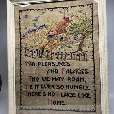 Vintage Handmade Cross Stitch Needlepoint Tea Towel Framed Art