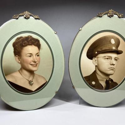 Pair of Vintage Oval Photos Portraits Woman & Soldier Lovers Couple