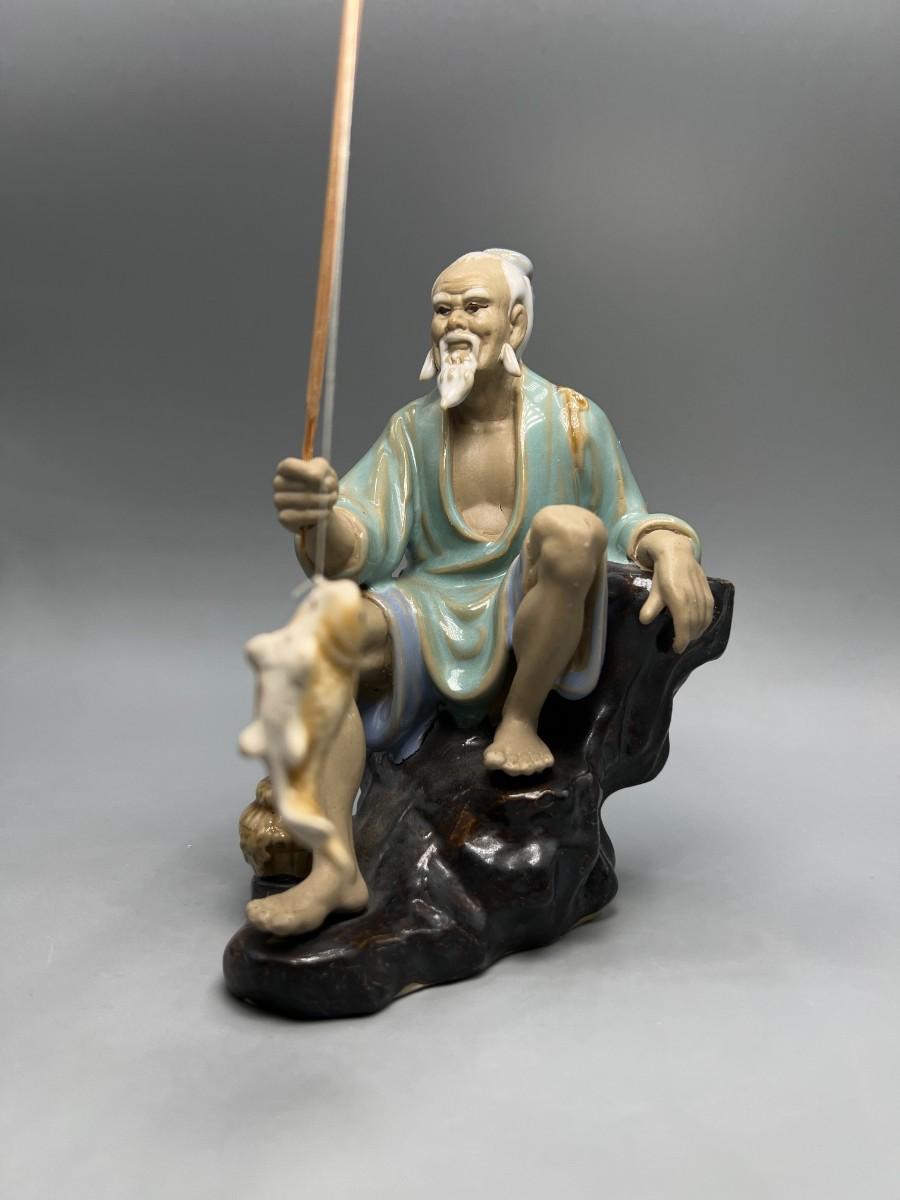 Vintage Chinese Oriental Fishing Mudman Clay Ceramic Art Pottery