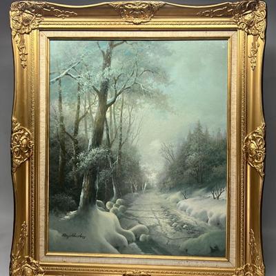 Vintage Framed Original Oil Painting Desolate Winter Snow Forest Artist Ray Hawkins