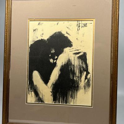 Vintage Aldo Luongo Mid Century Modern Lovers Lithograph Charcoal Framed Art Print