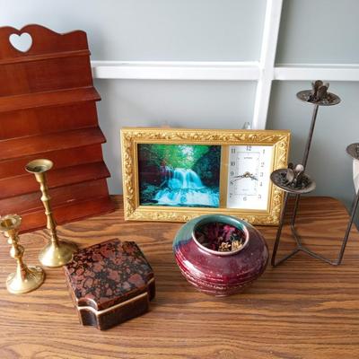 WATERFALL CLOCK, CANDLE HOLDERS, WALL SHELF, CLAY POT AND A TRINKET BOX