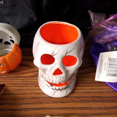 SCARY SKULL SCARF, WITCH WITH A WICKED LAUGH AND CANDLE HOLDERS